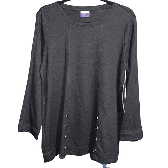 Black Waffle Knot Tunic Top with Button Embellishments NWT - Picture 1 of 6